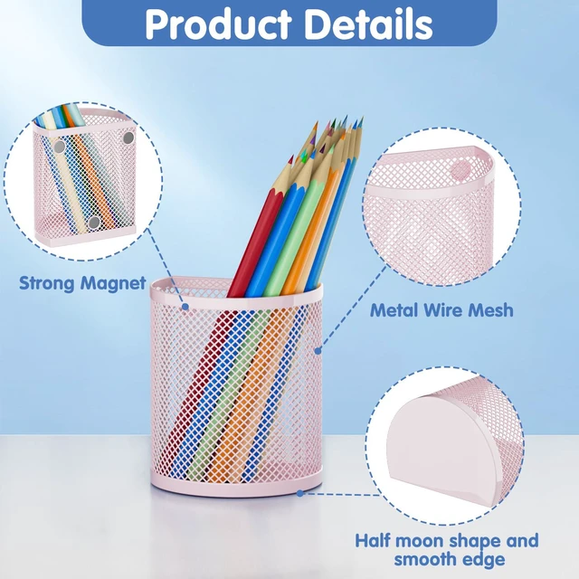 Alt view image 3 of 6 - Magnetic Pen Holderr, 2 Pack Metal Stainless Steel Pen Basket Locker Organizer Accessories, Powerful Magnet Pen Holder for Whiteboard,Refrigerator,Locker,Kitchen,Home,and Office Pink