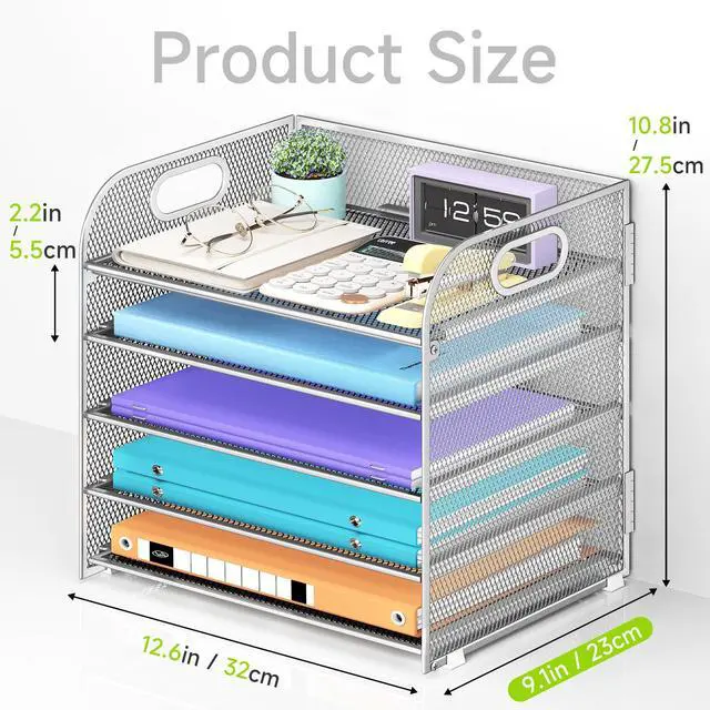 Alt view image 5 of 7 - 5 Tier Paper Organizer with Handle, Silver Metal Mesh Desk Organizer File Folder Paper Letter Tray Desktop Document Sorter for Classroom, School, Office Accessories Organization and Storage