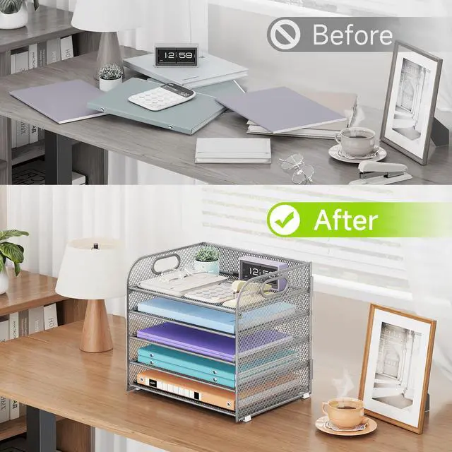 Alt view image 6 of 7 - 5 Tier Paper Organizer with Handle, Silver Metal Mesh Desk Organizer File Folder Paper Letter Tray Desktop Document Sorter for Classroom, School, Office Accessories Organization and Storage