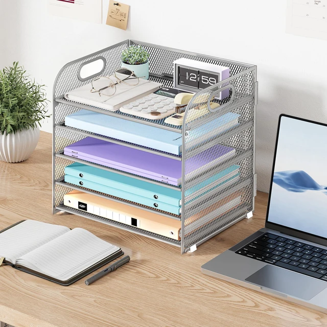 Alt view image 7 of 7 - 5 Tier Paper Organizer with Handle, Silver Metal Mesh Desk Organizer File Folder Paper Letter Tray Desktop Document Sorter for Classroom, School, Office Accessories Organization and Storage