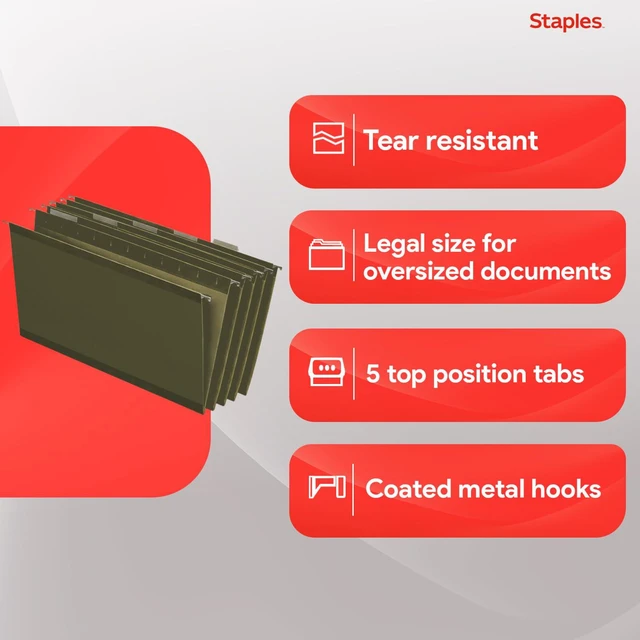 Alt view image 4 of 7 - Hanging File Folders, Legal Size, 1/5-Cut Tabs, Green, 50/Pack Reinforced top for durability; organizes documents in standard-size drawers