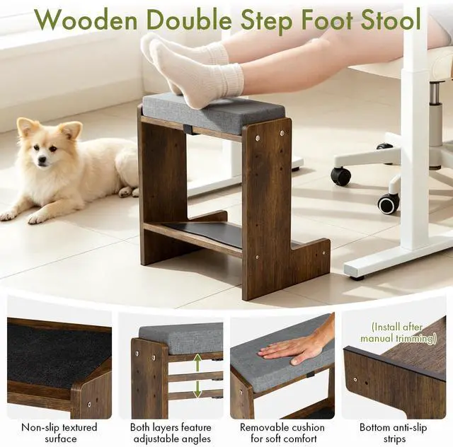 Alt view image 4 of 7 - Adjustable Double Step Foot Rest Under Desk, Wooden Foot Stool for Office & Home with Cushioned Layers, Ergonomic Footrest for Desk, Leg Rest for Comfortable Sitting