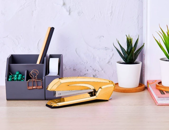 Alt view image 2 of 6 - Office Ascend 3 in 1 Stapler Integrated Remover & Staple Storage, 420 Staples Included, 20 Sheet Capacity, Lightweight, Gold Chrome