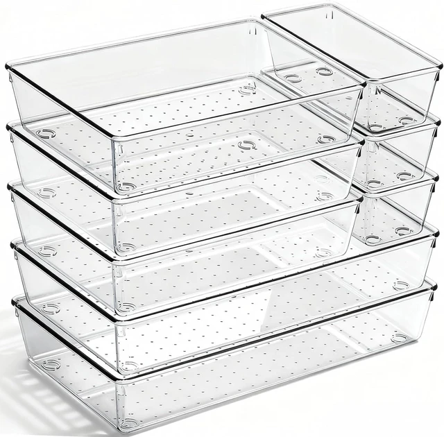 Main image of 8 Pack Large Clear Plastic Drawer Organizer Bins - Acrylic Bathroom Drawer Organizer Trays - Heavy Duty Kitchen Drawer Dividers for Utensils - Non-Slip Storage Bins for Makeup, Bedroom, Office Desk