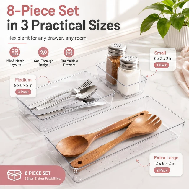 Alt view image 2 of 7 - 8 Pack Large Clear Plastic Drawer Organizer Bins - Acrylic Bathroom Drawer Organizer Trays - Heavy Duty Kitchen Drawer Dividers for Utensils - Non-Slip Storage Bins for Makeup, Bedroom, Office Desk