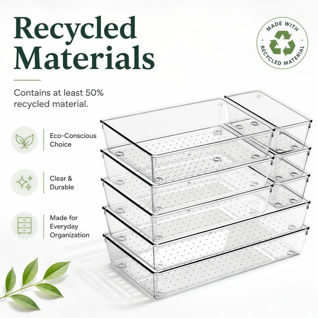 Alt view image 3 of 7 - 8 Pack Large Clear Plastic Drawer Organizer Bins - Acrylic Bathroom Drawer Organizer Trays - Heavy Duty Kitchen Drawer Dividers for Utensils - Non-Slip Storage Bins for Makeup, Bedroom, Office Desk
