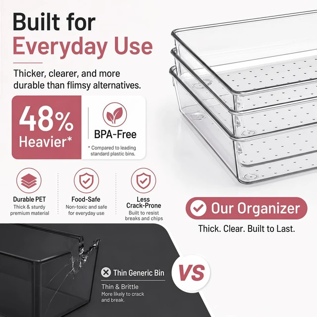 Alt view image 4 of 7 - 8 Pack Large Clear Plastic Drawer Organizer Bins - Acrylic Bathroom Drawer Organizer Trays - Heavy Duty Kitchen Drawer Dividers for Utensils - Non-Slip Storage Bins for Makeup, Bedroom, Office Desk