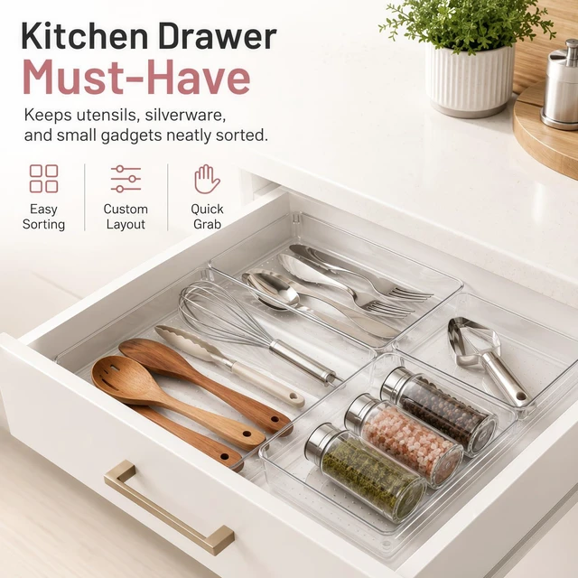 Alt view image 5 of 7 - 8 Pack Large Clear Plastic Drawer Organizer Bins - Acrylic Bathroom Drawer Organizer Trays - Heavy Duty Kitchen Drawer Dividers for Utensils - Non-Slip Storage Bins for Makeup, Bedroom, Office Desk