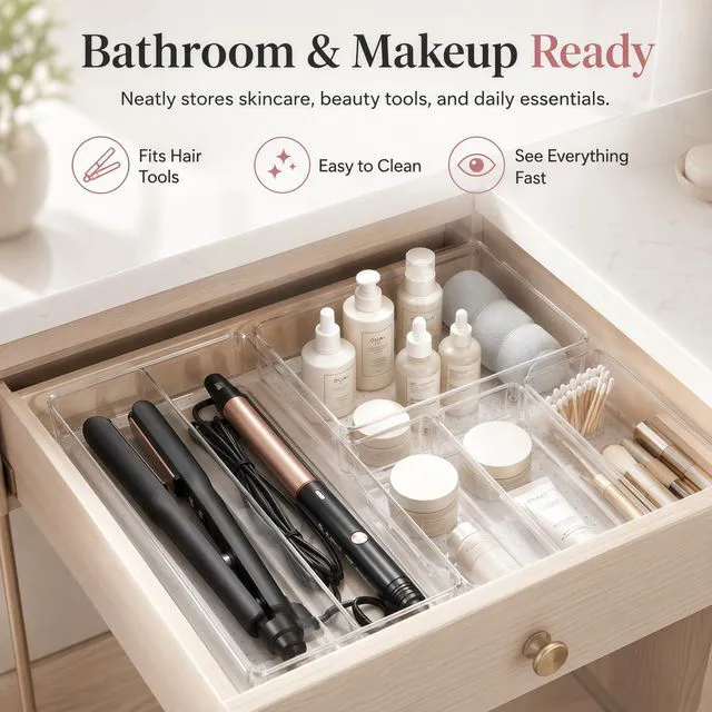 Alt view image 6 of 7 - 8 Pack Large Clear Plastic Drawer Organizer Bins - Acrylic Bathroom Drawer Organizer Trays - Heavy Duty Kitchen Drawer Dividers for Utensils - Non-Slip Storage Bins for Makeup, Bedroom, Office Desk