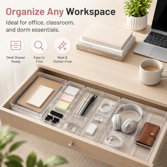 Alt view image 7 of 7 - 8 Pack Large Clear Plastic Drawer Organizer Bins - Acrylic Bathroom Drawer Organizer Trays - Heavy Duty Kitchen Drawer Dividers for Utensils - Non-Slip Storage Bins for Makeup, Bedroom, Office Desk