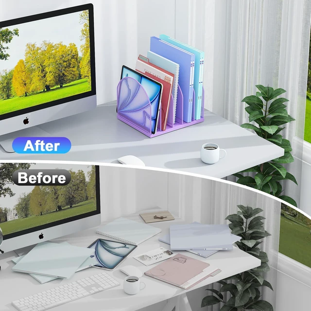 Alt view image 2 of 7 - Desktop File Organizer with 5 Compartments Desk Organizer Paper Organizer for Desk Workspace Organizers for Office Supplies (Purple)