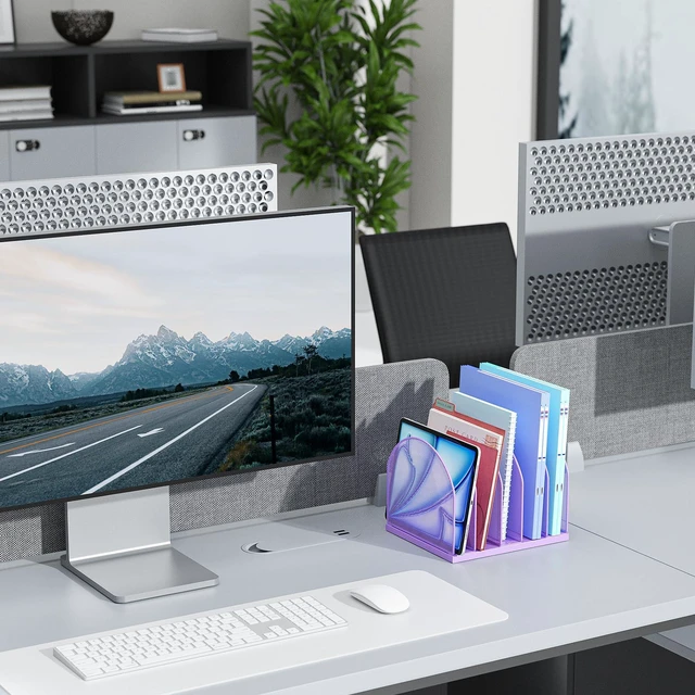Alt view image 7 of 7 - Desktop File Organizer with 5 Compartments Desk Organizer Paper Organizer for Desk Workspace Organizers for Office Supplies (Purple)