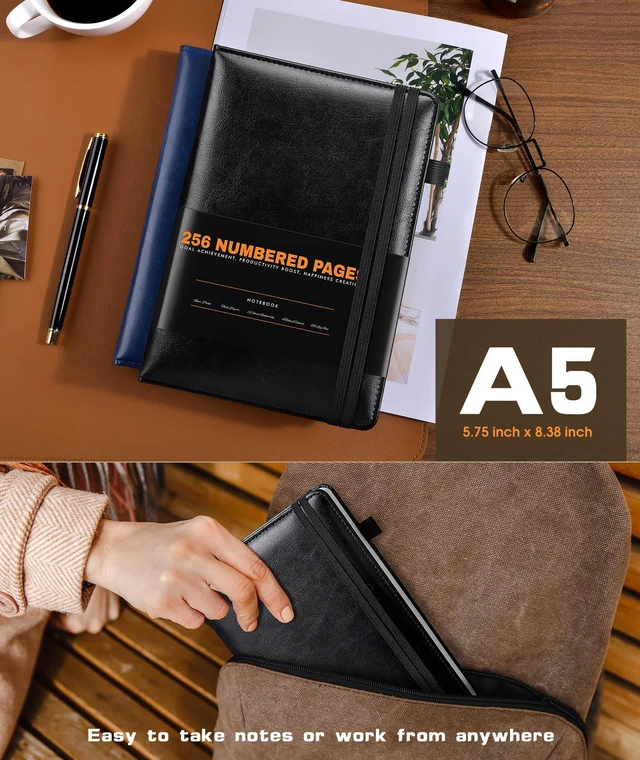 Alt view image 3 of 7 - Lined Journal Notebook for Women Men, 256 Numbered Pages Hardcover Leather Journals for Writing, A5 Journaling Notebooks, College Ruled Journal for Business Work School Note Taking 5.75" x 8.38" Black