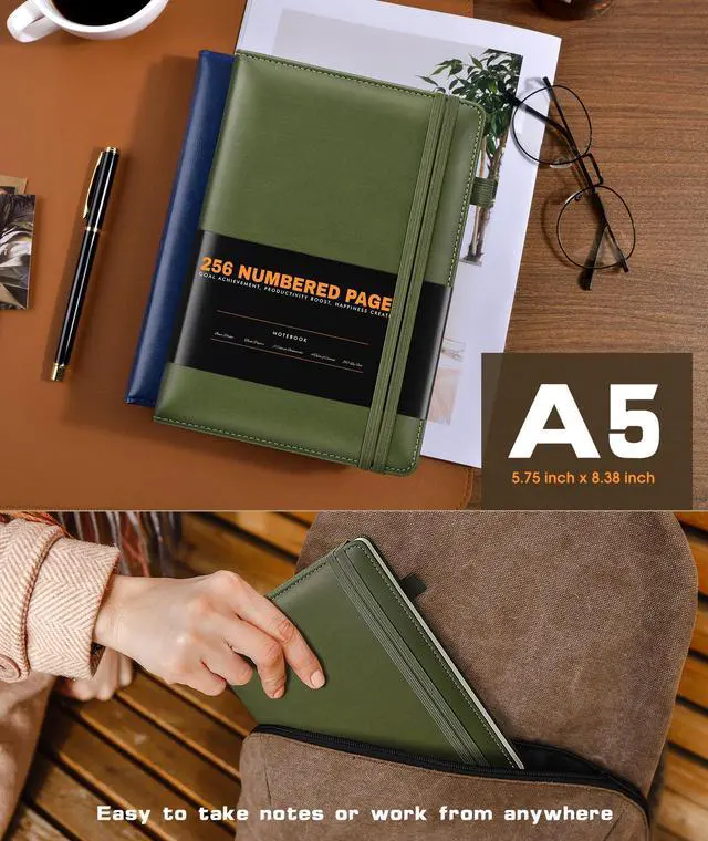 Alt view image 3 of 7 - Lined Journal Notebook for Women Men, 256 Numbered Pages Hardcover Leather Journals for Writing, A5 Journaling Notebooks, College Ruled Journal for Business Work School 5.75" x 8.38" Olive Green