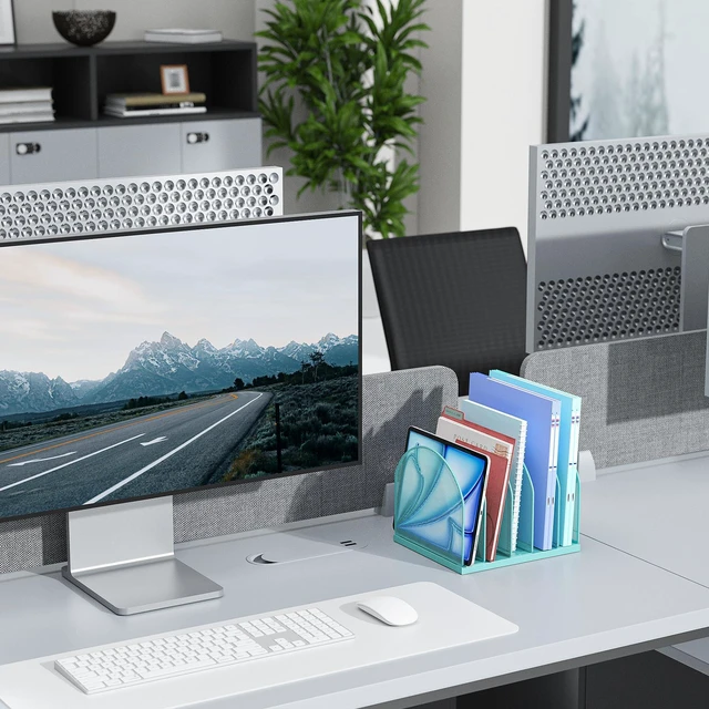Alt view image 7 of 7 - Desktop File Organizer with 5 Compartments Desk Organizer Paper Organizer for Desk Workspace Organizers for Office Supplies (Blue)