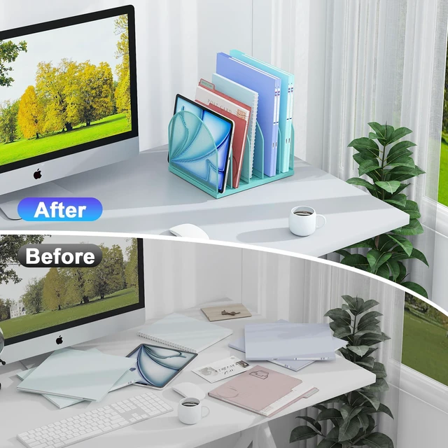 Alt view image 2 of 7 - Desktop File Organizer with 5 Compartments Desk Organizer Paper Organizer for Desk Workspace Organizers for Office Supplies (Blue)