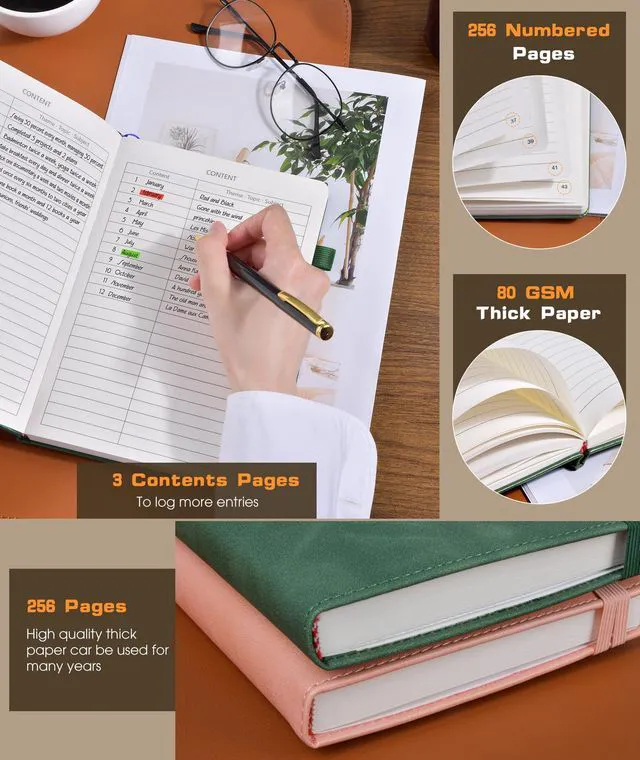 Alt view image 4 of 7 - Lined Journal Notebook for Women Men, 256 Numbered Pages Hardcover Leather Journals for Writing, A5 Journaling Notebooks, College Ruled Journal for Business Work School 5.75" x 8.38" Green