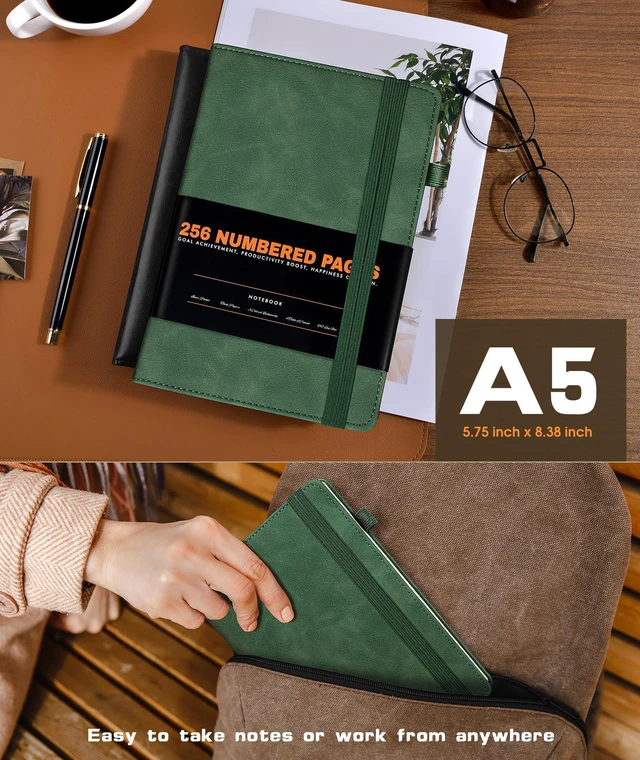 Alt view image 5 of 7 - Lined Journal Notebook for Women Men, 256 Numbered Pages Hardcover Leather Journals for Writing, A5 Journaling Notebooks, College Ruled Journal for Business Work School 5.75" x 8.38" Green