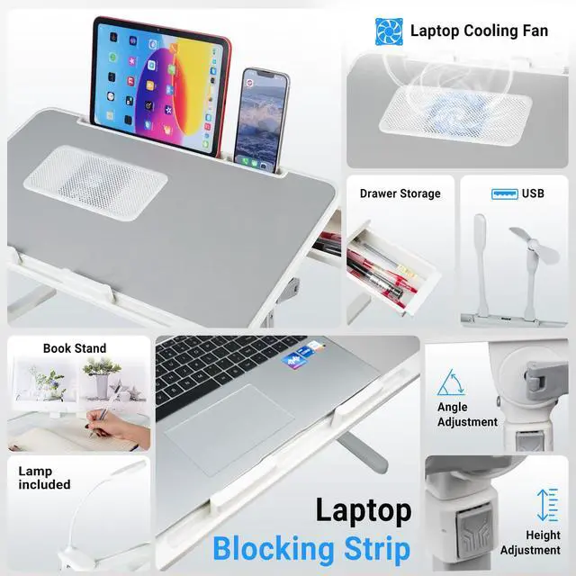 Alt view image 3 of 6 - Adjustable Laptop Lap Desk with Cooling Fan USB Light for Adults 56x32cm,Grey