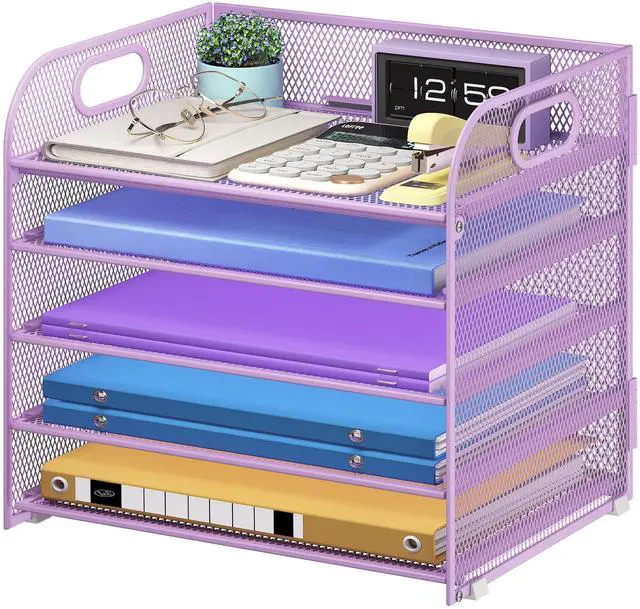 Main image of 5 Tier Paper Organizer with Handle, Metal Mesh Desk Organizer File Folder Paper Letter Tray Desktop Document Sorter for Classroom, School, Office Accessories Organization and Storage - Purple