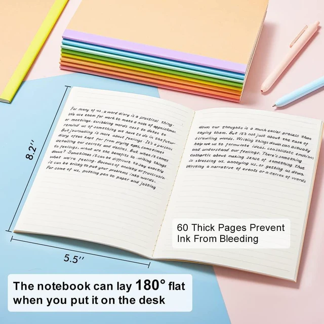 Alt view image 2 of 7 - 16 Pack Composition Notebook Bulk, Kraft Cover Lined Blank College Ruled Travel Journals with Pastel Color Spine For Women Students Office, 60 Pages, 8.3x 5.5, A5, 8 Pastel Colors