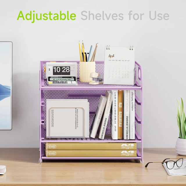 Alt view image 2 of 7 - 5 Tier Paper Organizer with Handle, Metal Mesh Desk Organizer File Folder Paper Letter Tray Desktop Document Sorter for Classroom, School, Office Accessories Organization and Storage - Purple