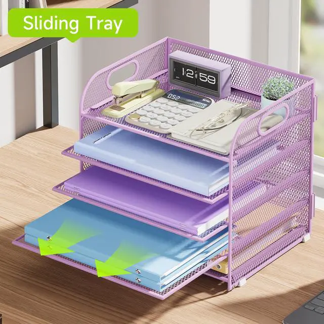 Alt view image 3 of 7 - 5 Tier Paper Organizer with Handle, Metal Mesh Desk Organizer File Folder Paper Letter Tray Desktop Document Sorter for Classroom, School, Office Accessories Organization and Storage - Purple