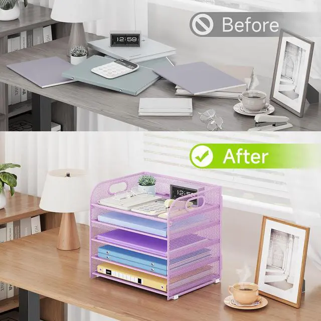 Alt view image 6 of 7 - 5 Tier Paper Organizer with Handle, Metal Mesh Desk Organizer File Folder Paper Letter Tray Desktop Document Sorter for Classroom, School, Office Accessories Organization and Storage - Purple