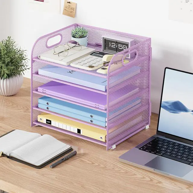 Alt view image 7 of 7 - 5 Tier Paper Organizer with Handle, Metal Mesh Desk Organizer File Folder Paper Letter Tray Desktop Document Sorter for Classroom, School, Office Accessories Organization and Storage - Purple