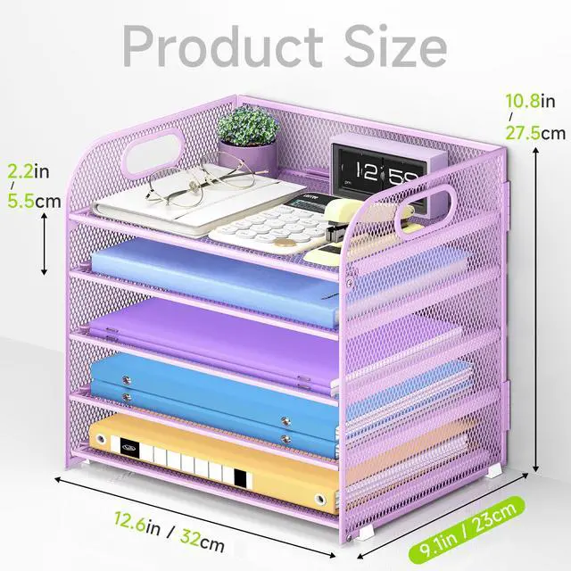 Alt view image 5 of 7 - 5 Tier Paper Organizer with Handle, Metal Mesh Desk Organizer File Folder Paper Letter Tray Desktop Document Sorter for Classroom, School, Office Accessories Organization and Storage - Purple
