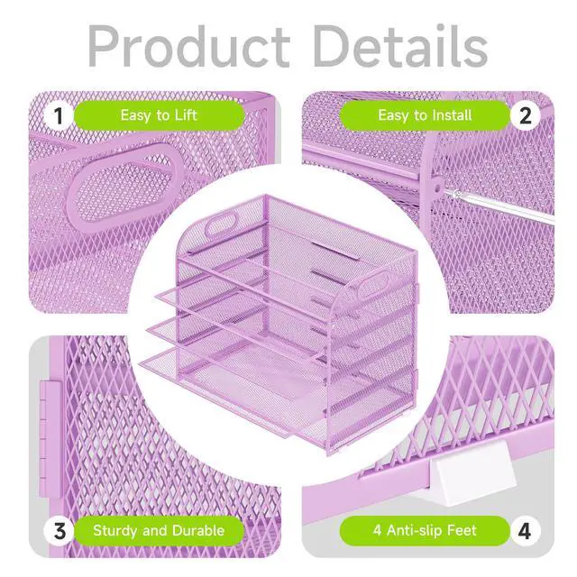 Alt view image 4 of 7 - 5 Tier Paper Organizer with Handle, Metal Mesh Desk Organizer File Folder Paper Letter Tray Desktop Document Sorter for Classroom, School, Office Accessories Organization and Storage - Purple