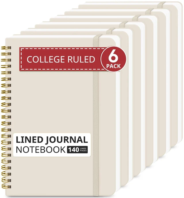 Main image of 6 Pack Lined Notebooks for Work Hardcover Spiral Journal for Office Beige, 5.7" x 7.9" Spiral Journals for Writing, Bulk Work Notebooks, Note taking and School Supplies, 140 Pages