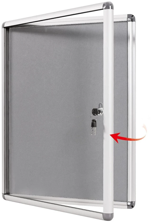 Main image of SWANCROWN 38x28 in Enclosed Bulletin Board, Locking Display Felt Board Grey 9xA4, Tamperproof, Shatterproof, Lockable, Grey Felt, Silver Aluminum Frame, Notice Board for Wall, Office School Business