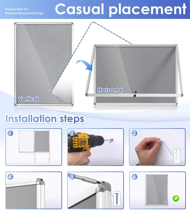 Alt view image 4 of 7 - SWANCROWN 38x28 in Enclosed Bulletin Board, Locking Display Felt Board Grey 9xA4, Tamperproof, Shatterproof, Lockable, Grey Felt, Silver Aluminum Frame, Notice Board for Wall, Office School Business