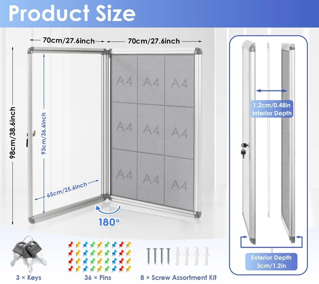 Alt view image 2 of 7 - SWANCROWN 38x28 in Enclosed Bulletin Board, Locking Display Felt Board Grey 9xA4, Tamperproof, Shatterproof, Lockable, Grey Felt, Silver Aluminum Frame, Notice Board for Wall, Office School Business