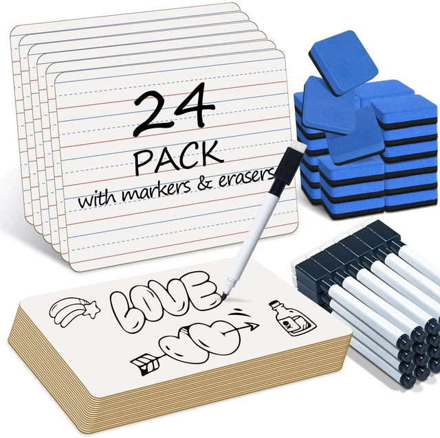 Main image of 24 Pack Dry Erase Boards, 9"x12" Double Sided Easel Small Whiteboards with Lines for Kids, Students, Education Teacher Classroom, Mini Portable Learning White Boards with 24 Markers, 24 Erasers