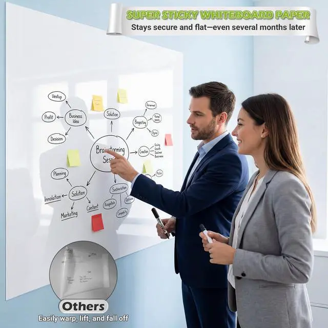 Alt view image 3 of 7 - Whiteboard Sticker for Wall, 48" x 36" White Board Paper, Super Sticky Dry Erase Wallpaper, Peel and Stick Dry Erase Board with 3 Markers, No Ghosting Whiteboard Paper for Home Office Classroom