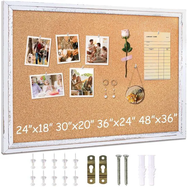 Main image of White Cork Board, 24" X 18" Rustic Framed Bulletin Board Decorative Pin Board, Wall Hanging, For Office & Home Decor Memo Display, With Pins