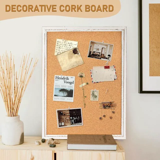 Alt view image 6 of 7 - White Cork Board, 24" X 18" Rustic Framed Bulletin Board Decorative Pin Board, Wall Hanging, For Office & Home Decor Memo Display, With Pins