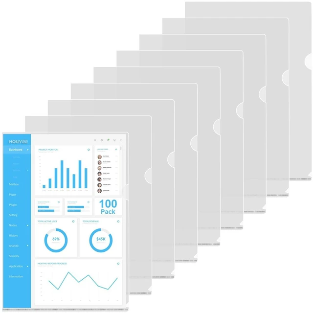 Main image of 100Pcs Clear Document Folder, Clear Plastic File Folders Letter Size Transparent Plastic Sleeves for Paper 8.5x11, Heavy Duty L-type Top Side Loading Project Folders For Home, Office, School Use
