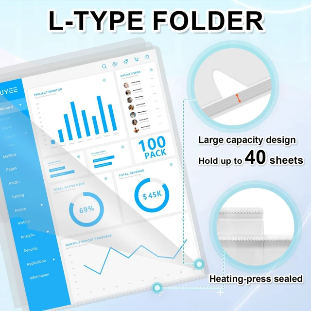 Alt view image 4 of 7 - 100Pcs Clear Document Folder, Clear Plastic File Folders Letter Size Transparent Plastic Sleeves for Paper 8.5x11, Heavy Duty L-type Top Side Loading Project Folders For Home, Office, School Use
