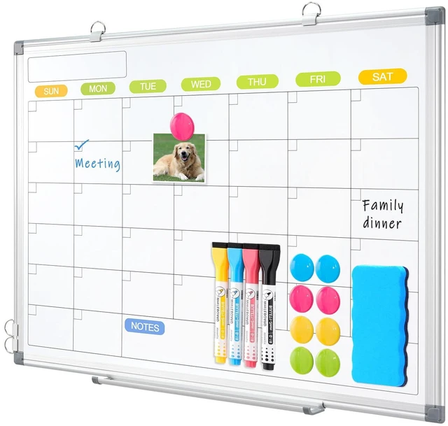 Main image of Dry Erase Calendar Whiteboard for Wall, 36" x 24" Monthly White Board Double-Sided Magnetic, Silver Aluminum Frame, Hang Wall Mount, Portable Board for Home, Office, School