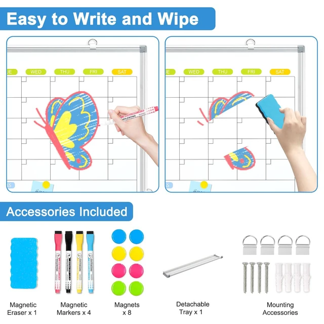 Alt view image 3 of 6 - Dry Erase Calendar Whiteboard for Wall, 36" x 24" Monthly White Board Double-Sided Magnetic, Silver Aluminum Frame, Hang Wall Mount, Portable Board for Home, Office, School