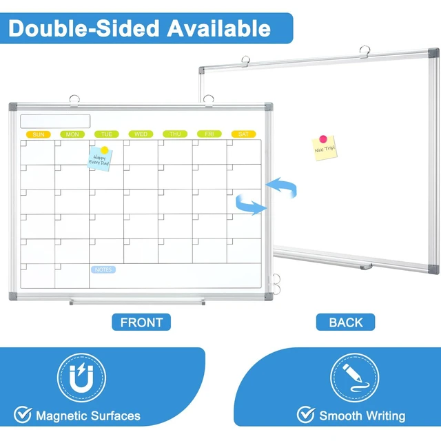 Alt view image 2 of 6 - Dry Erase Calendar Whiteboard for Wall, 36" x 24" Monthly White Board Double-Sided Magnetic, Silver Aluminum Frame, Hang Wall Mount, Portable Board for Home, Office, School