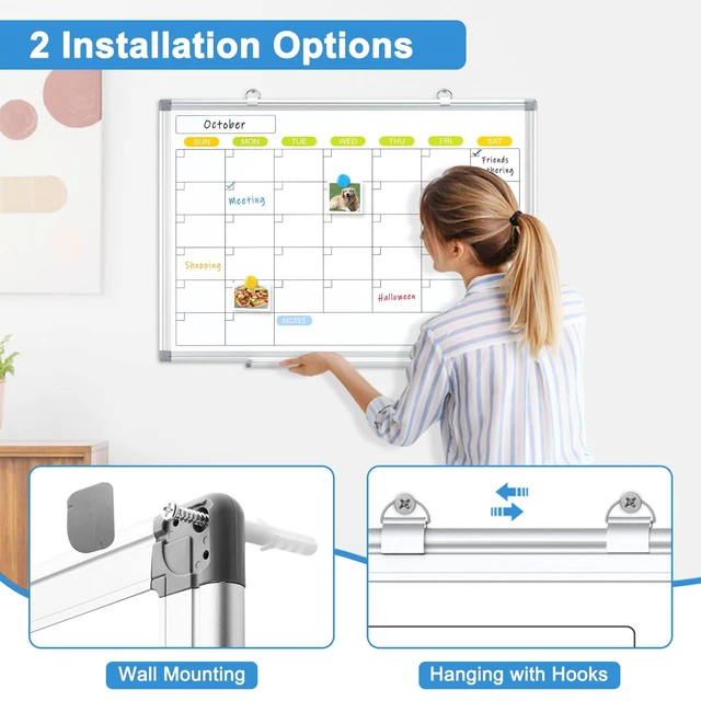 Alt view image 4 of 6 - Dry Erase Calendar Whiteboard for Wall, 36" x 24" Monthly White Board Double-Sided Magnetic, Silver Aluminum Frame, Hang Wall Mount, Portable Board for Home, Office, School