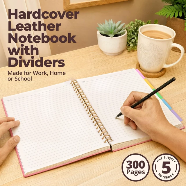 Alt view image 2 of 7 - Hardcover Lined Spiral Notebook with Removable Dividers Leather Bound Pink 8x10" 300 Pages College Ruled 5 Subject Notebook for Work - with Tabs, Pockets, and Pen Loop for Note Taking, Large Journal