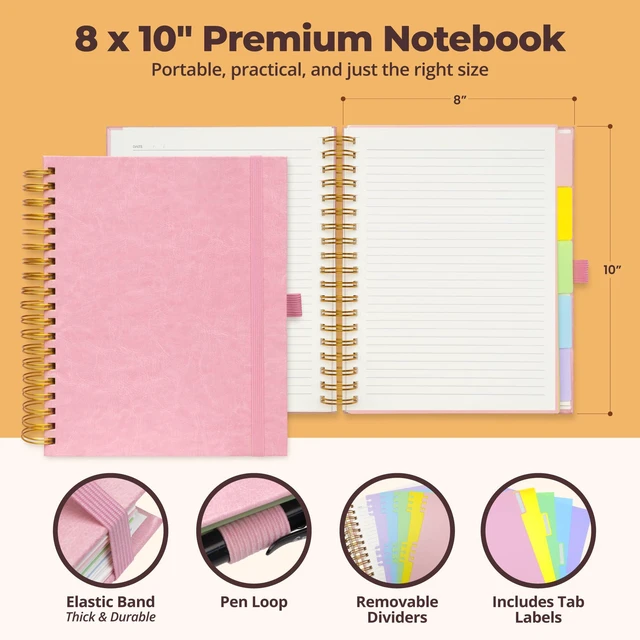 Alt view image 3 of 7 - Hardcover Lined Spiral Notebook with Removable Dividers Leather Bound Pink 8x10" 300 Pages College Ruled 5 Subject Notebook for Work - with Tabs, Pockets, and Pen Loop for Note Taking, Large Journal