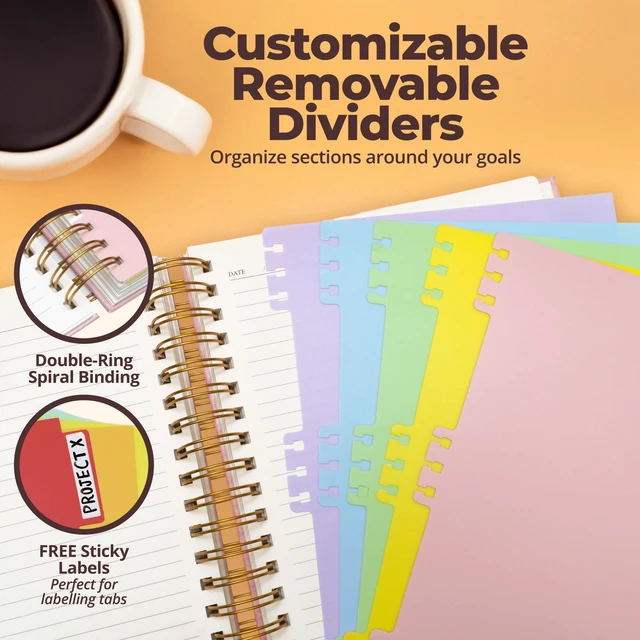 Alt view image 4 of 7 - Hardcover Lined Spiral Notebook with Removable Dividers Leather Bound Pink 8x10" 300 Pages College Ruled 5 Subject Notebook for Work - with Tabs, Pockets, and Pen Loop for Note Taking, Large Journal