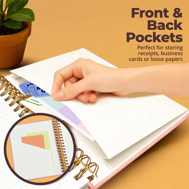 Alt view image 6 of 7 - Hardcover Lined Spiral Notebook with Removable Dividers Leather Bound Pink 8x10" 300 Pages College Ruled 5 Subject Notebook for Work - with Tabs, Pockets, and Pen Loop for Note Taking, Large Journal