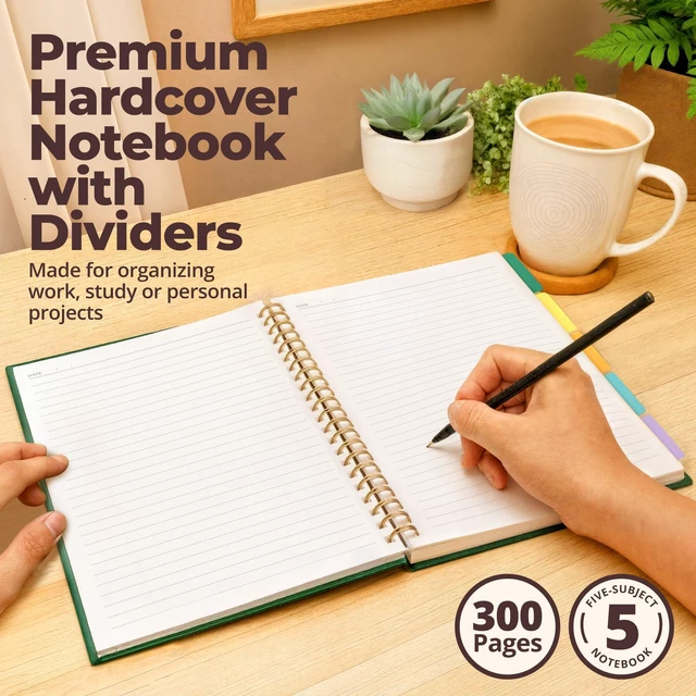 Alt view image 2 of 7 - Hardcover Lined Spiral Notebook with Removable Dividers Leather Bound Green 8x10" 300 Pages College Ruled 5 Subject Notebook for Work - with Tabs, Pockets, and Pen Loop for Note Taking, Large Journal